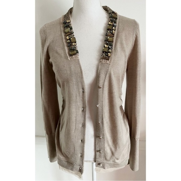 Loft • Beige Tan Gemstone Jewelled Merino Wool Cardigan - Picture 1 of 6
